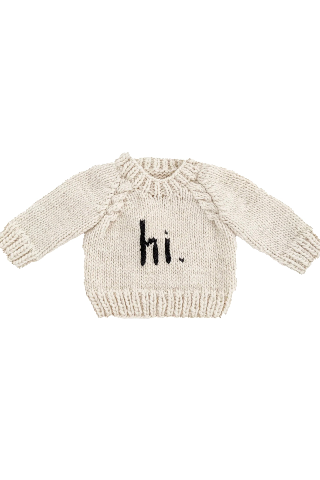 Cream sweater with long sleeves and "hi." printed in black on the front.