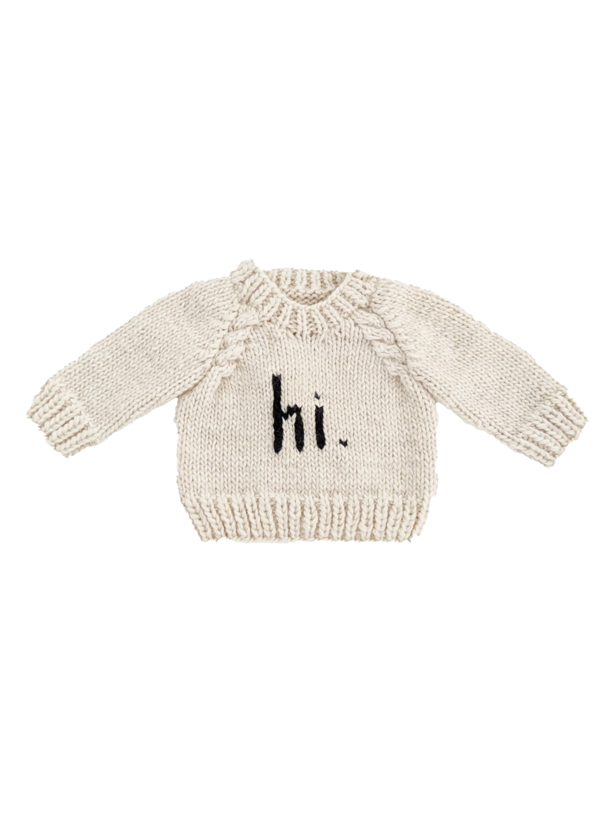 Cream sweater with long sleeves and "hi." printed in black on the front.