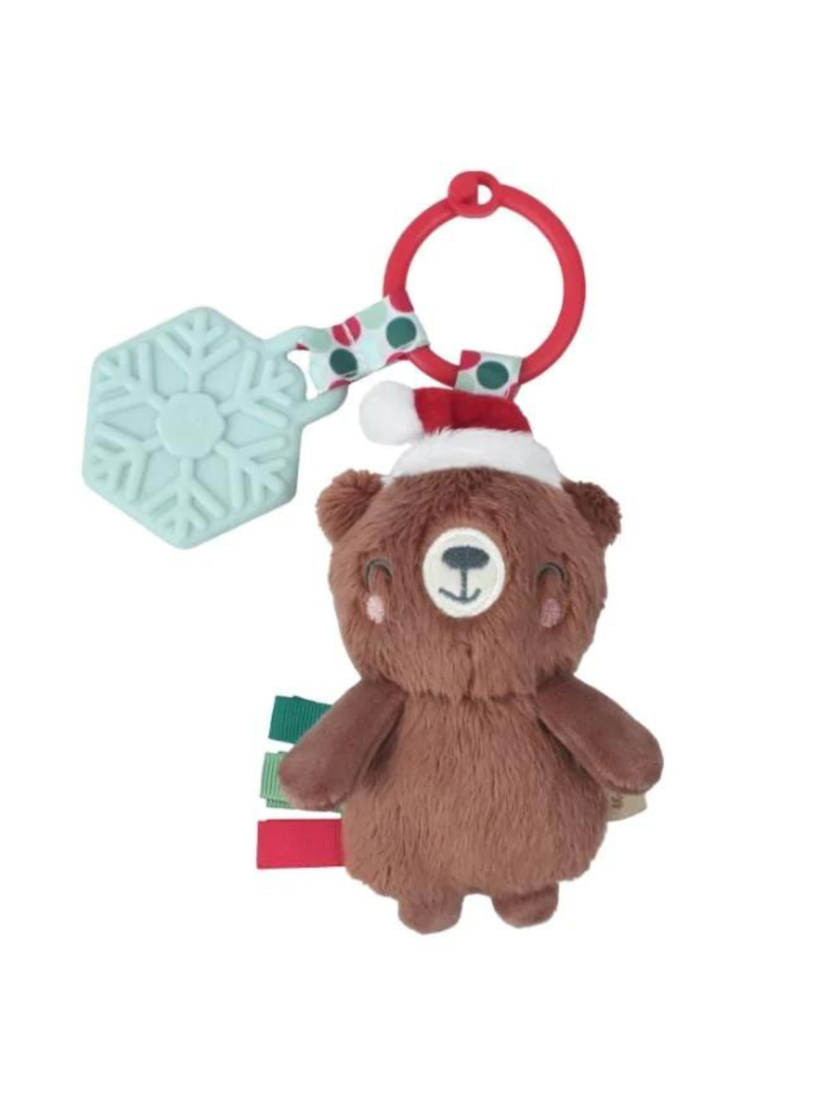 Soft brown bear toy with a red hat, attached to a snowflake teether and colorful tags. Perfect for infants.