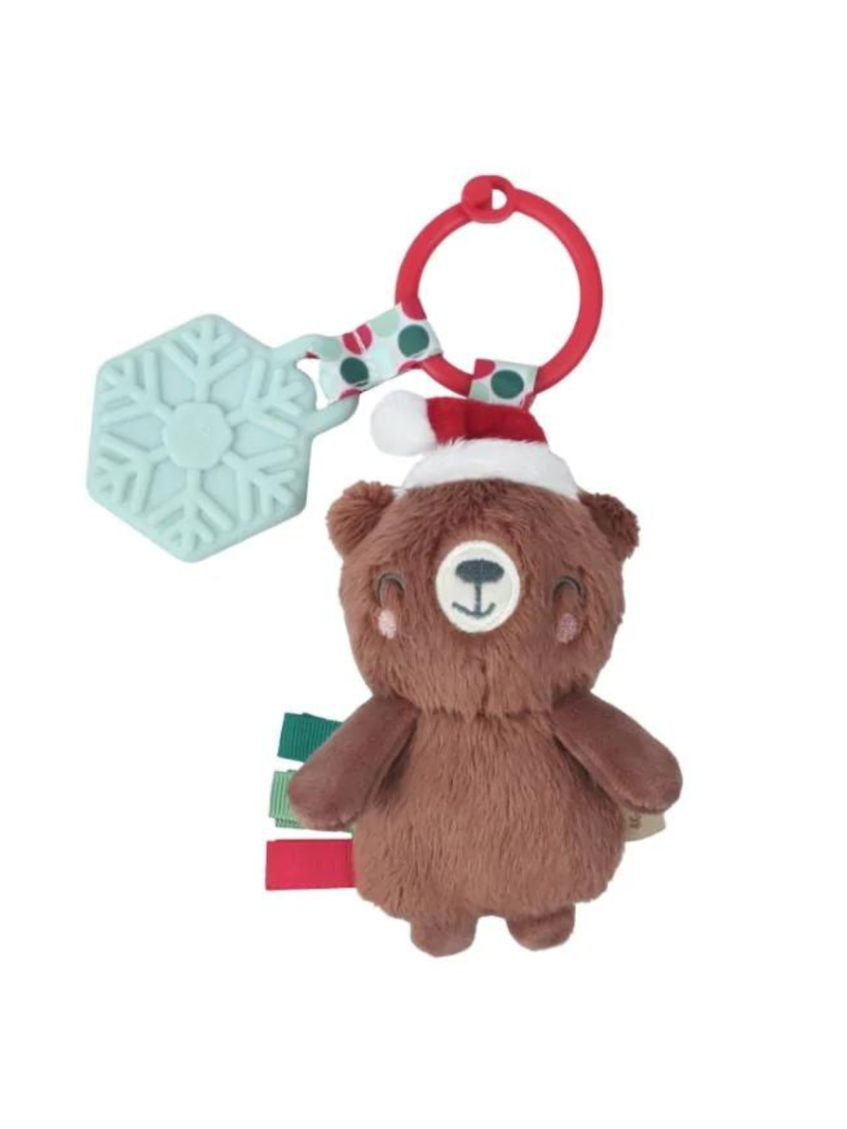 Soft brown bear toy with a red hat, attached to a snowflake teether and colorful tags. Perfect for infants.