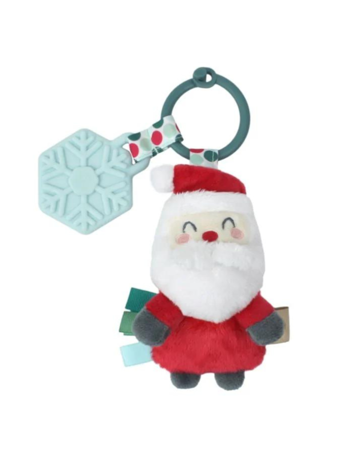 Plush Santa toy attached to a teal ring with a snowflake teether, featuring colorful tags and a cheerful expression.