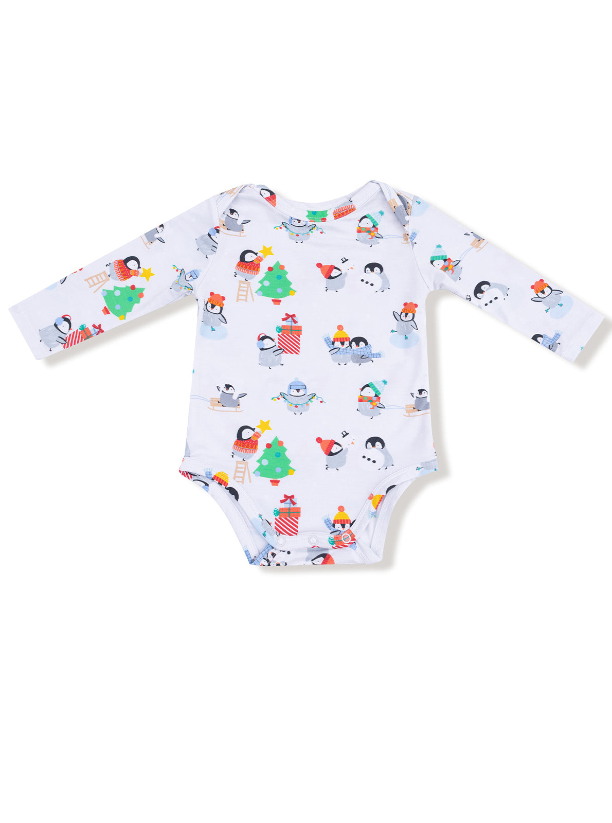 Long-sleeve baby onesie featuring playful penguins and Christmas motifs.