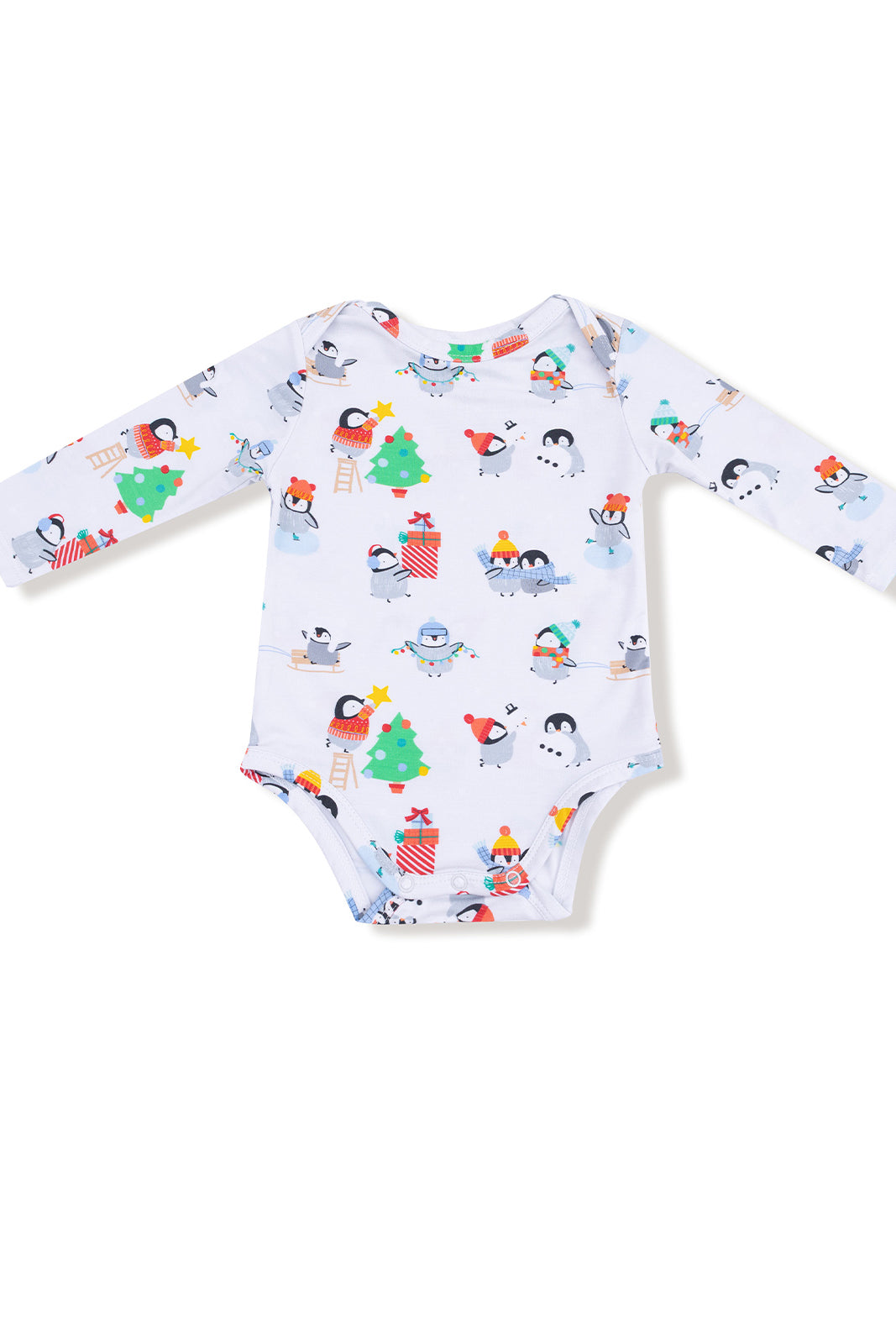 Long-sleeve baby onesie featuring playful penguins and Christmas motifs.