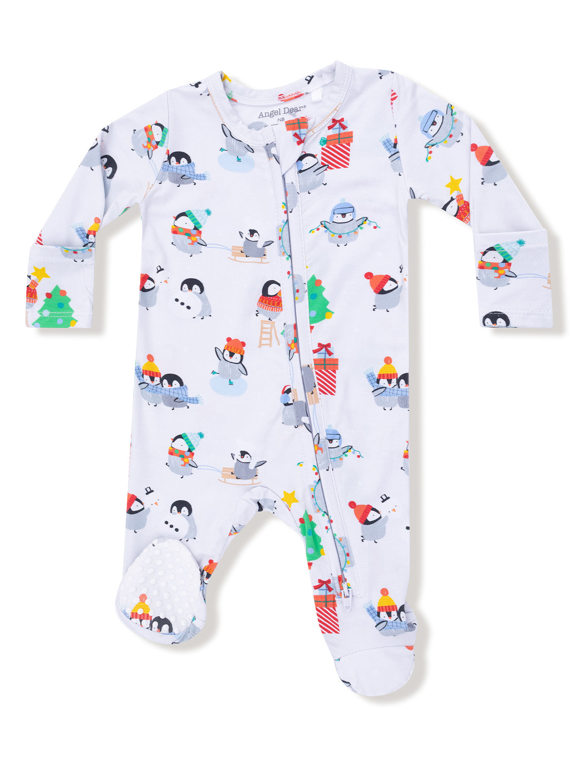 Light blue baby onesie featuring playful penguin illustrations with festive elements like trees and gifts.