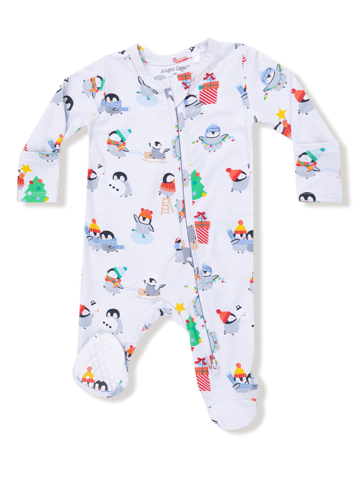 Light blue baby onesie featuring playful penguin illustrations with festive elements like trees and gifts.