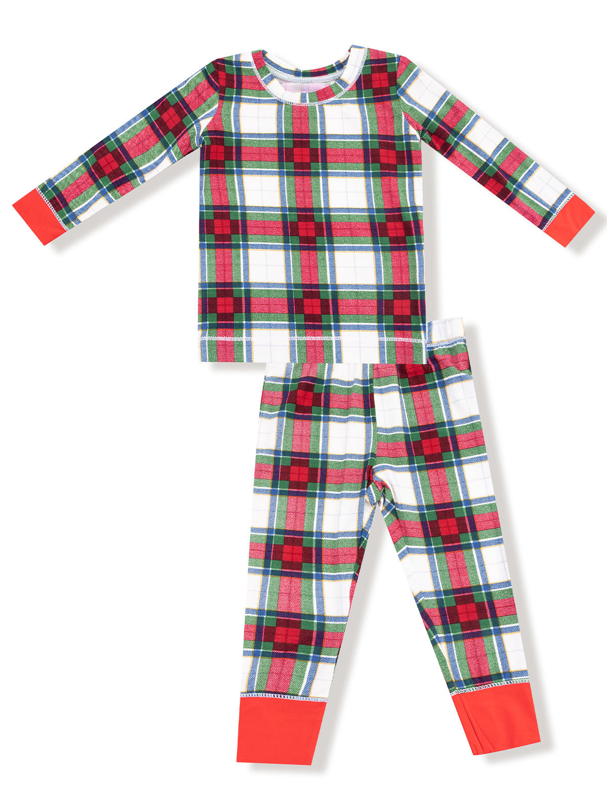 Plaid pajama set with long-sleeve top and matching pants featuring red, green, and white colors.