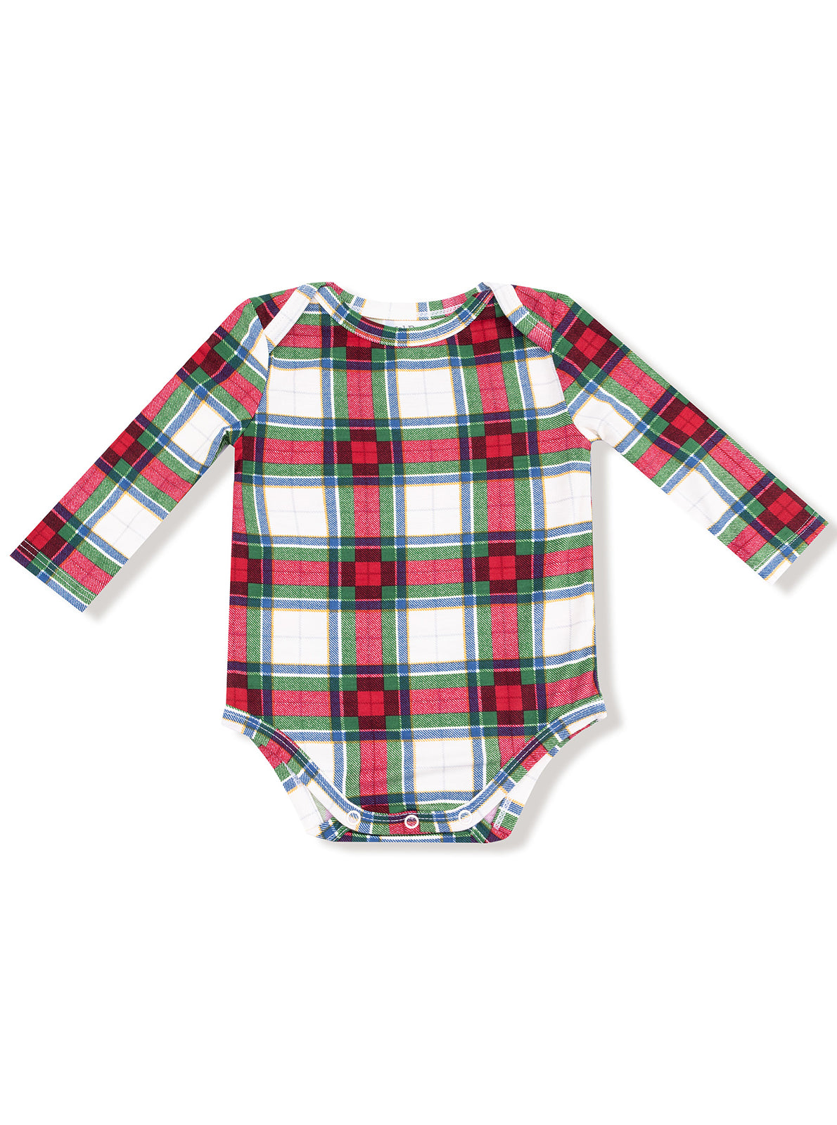 Red and green plaid long-sleeve baby onesie with a white background and snap closures at the bottom.