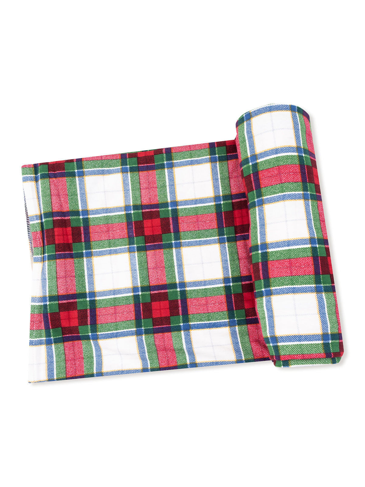 Red, green, and white plaid fabric rolled up, showcasing a festive check pattern suitable for holiday decor.