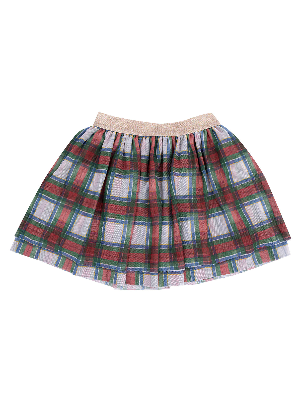 Plaid skirt in red, green, and white with a gold elastic waistband, designed for a playful look.