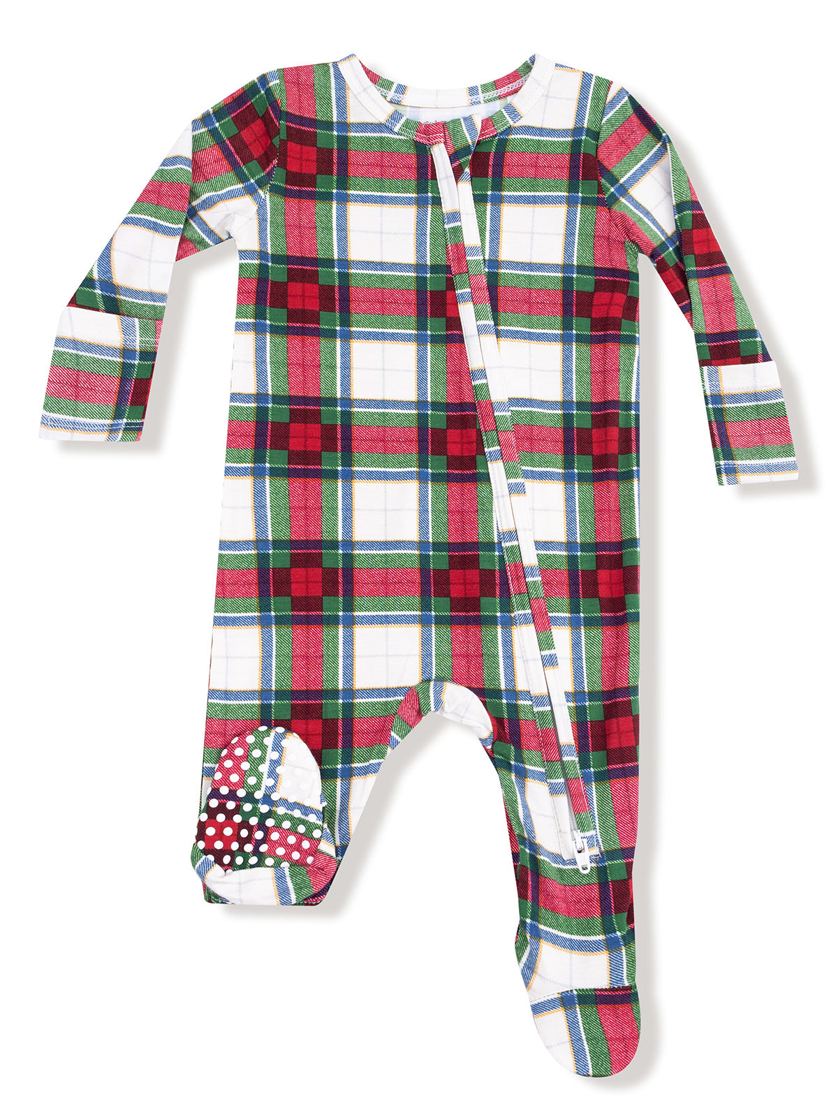 Red and green plaid pajamas with a front zipper and decorative patch on the foot. Ideal for cozy wear.