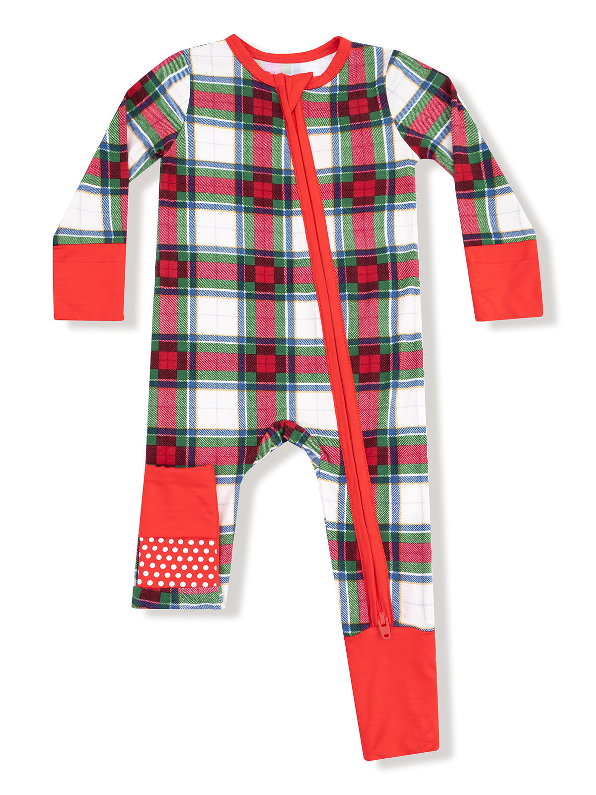 Red and green plaid one-piece pajama with a front zipper and polka dot pocket detail.