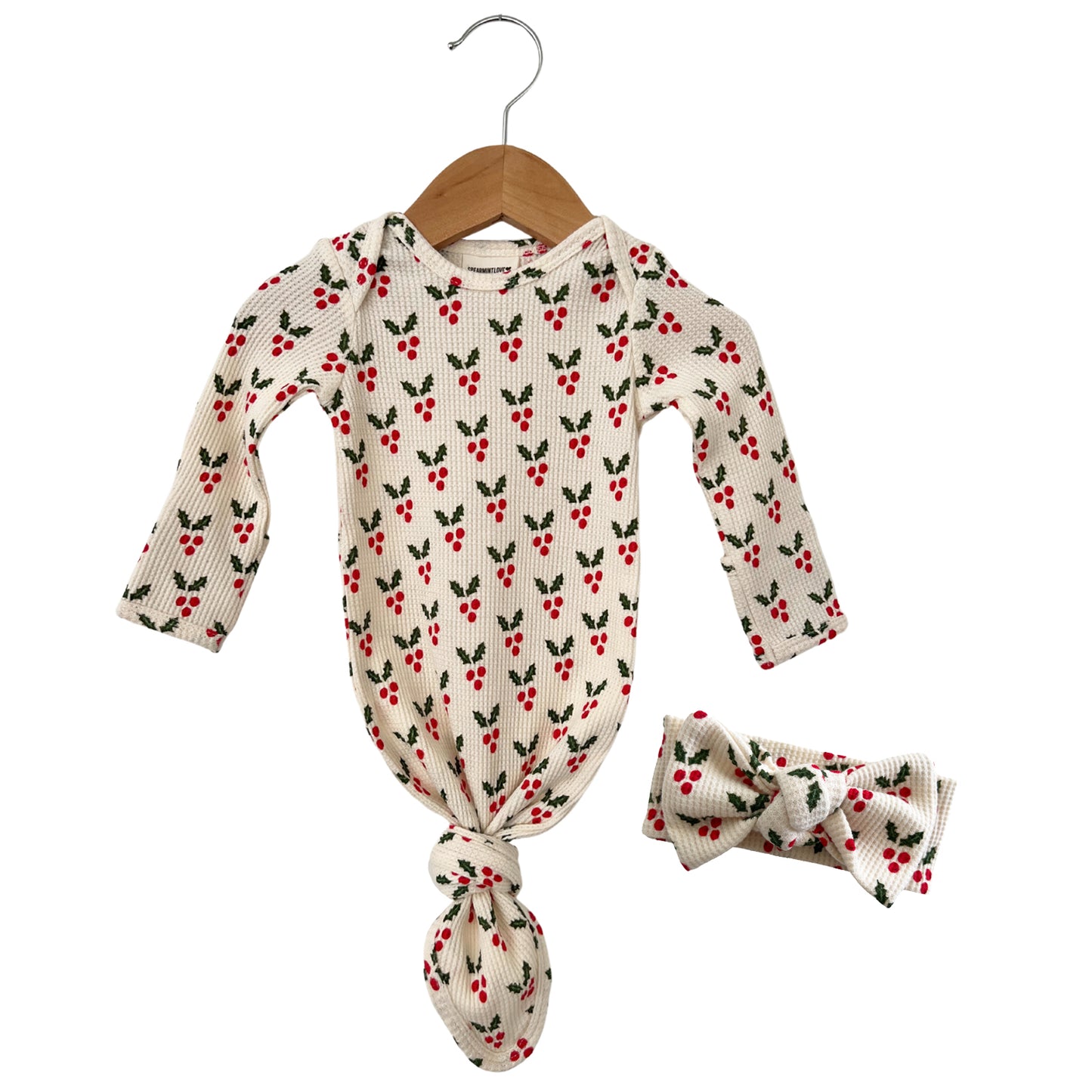 Organic Waffle Knotted Gown & Bow Set, Holly