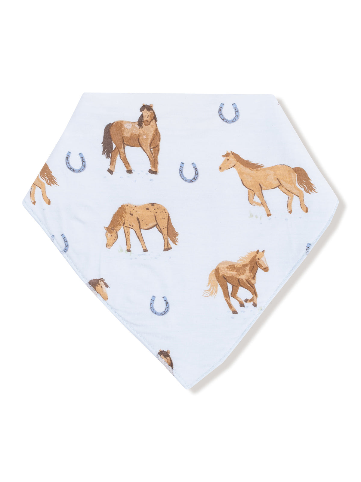 White bandana featuring various horse illustrations and horseshoes. Ideal for equine enthusiasts.