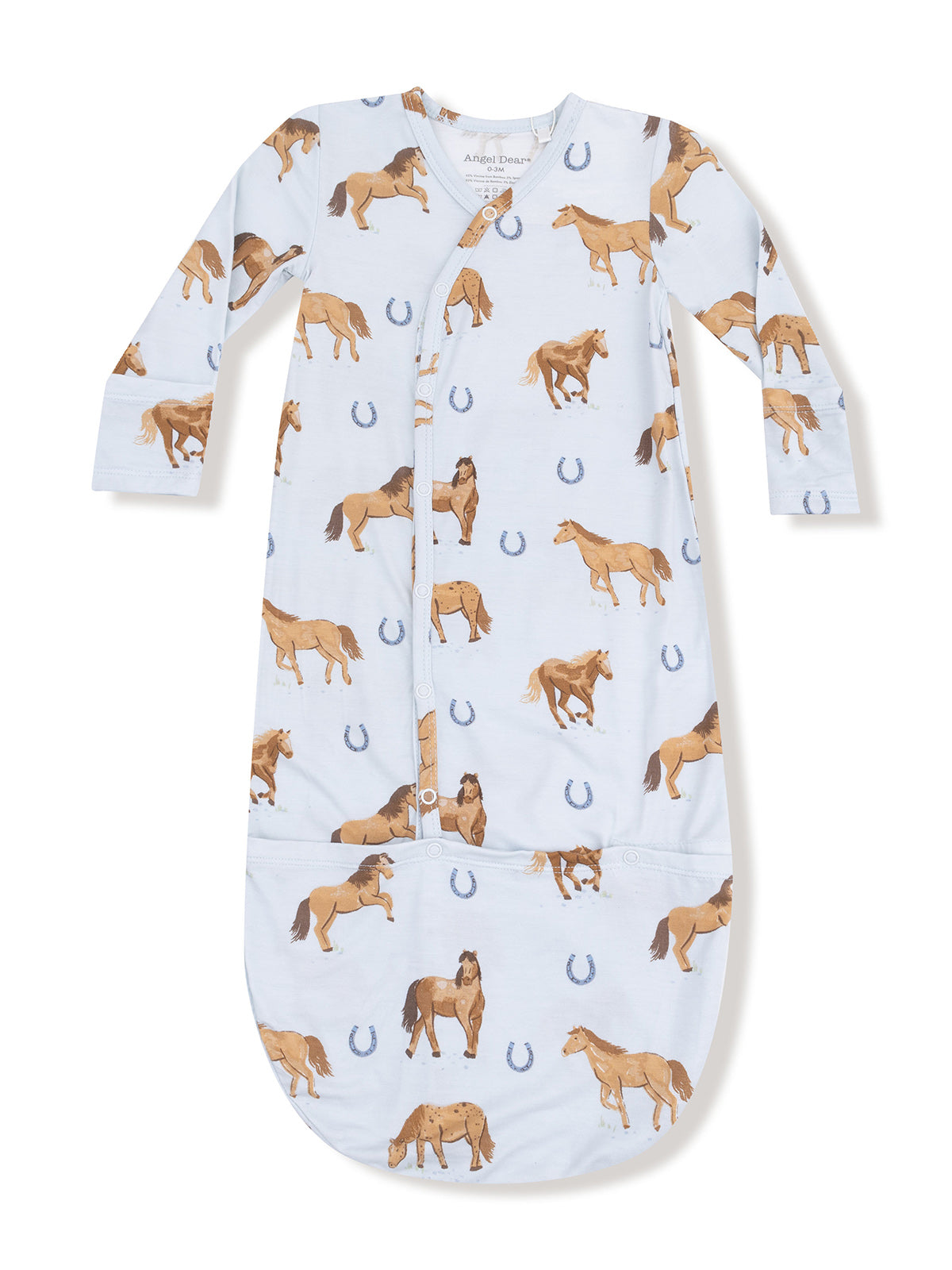 Blue baby sleeper with horse patterns and horseshoes, featuring long sleeves and snap closures.