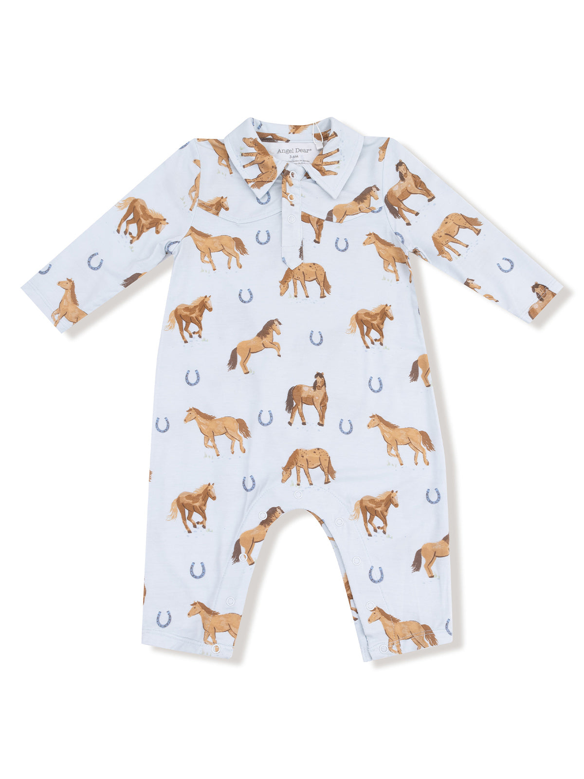 Blue long-sleeve romper with horse prints and horseshoe motifs, designed for babies.