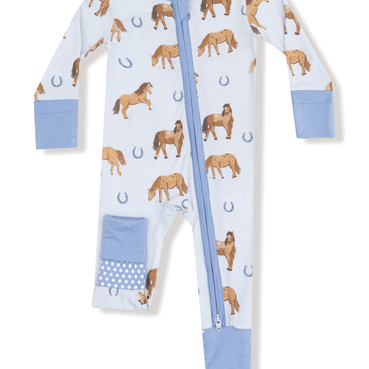 2-Way Zip Romper, Horses Blue