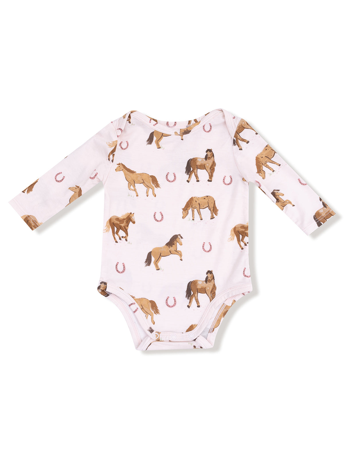 White baby onesie with horse patterns and horseshoe prints, featuring long sleeves and snap closures at the bottom.