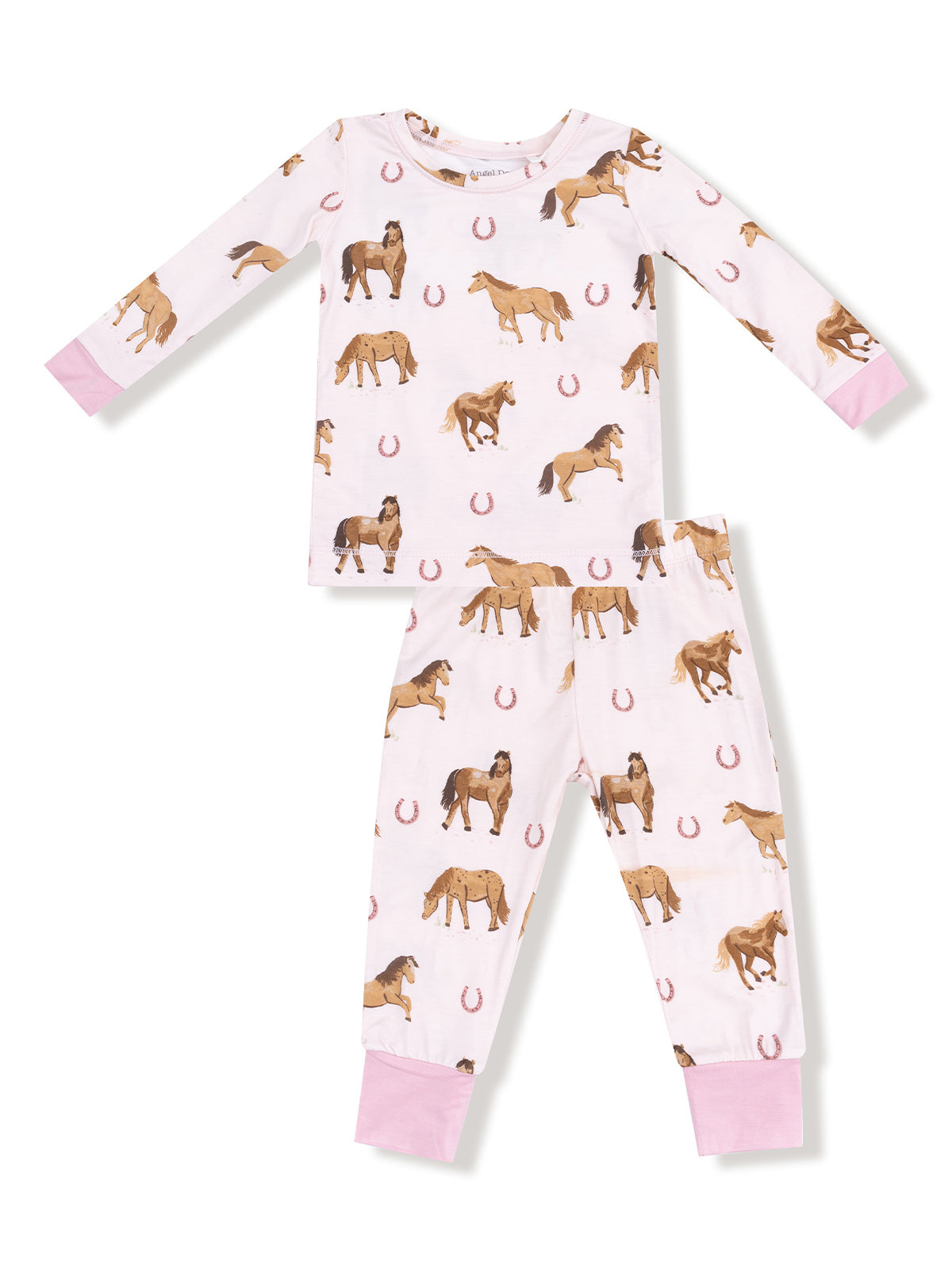 Children's pajamas with horse prints and pink cuffs, featuring a long-sleeve top and matching pants.