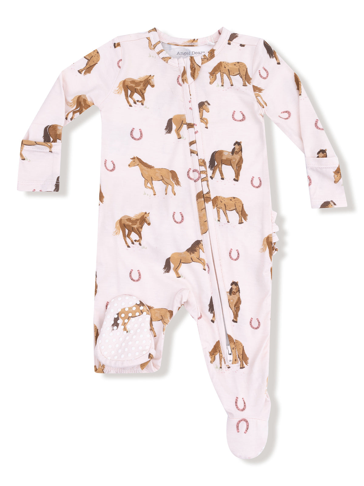 Light pink baby onesie with horse prints and horseshoe designs, featuring a front zipper and footed style.