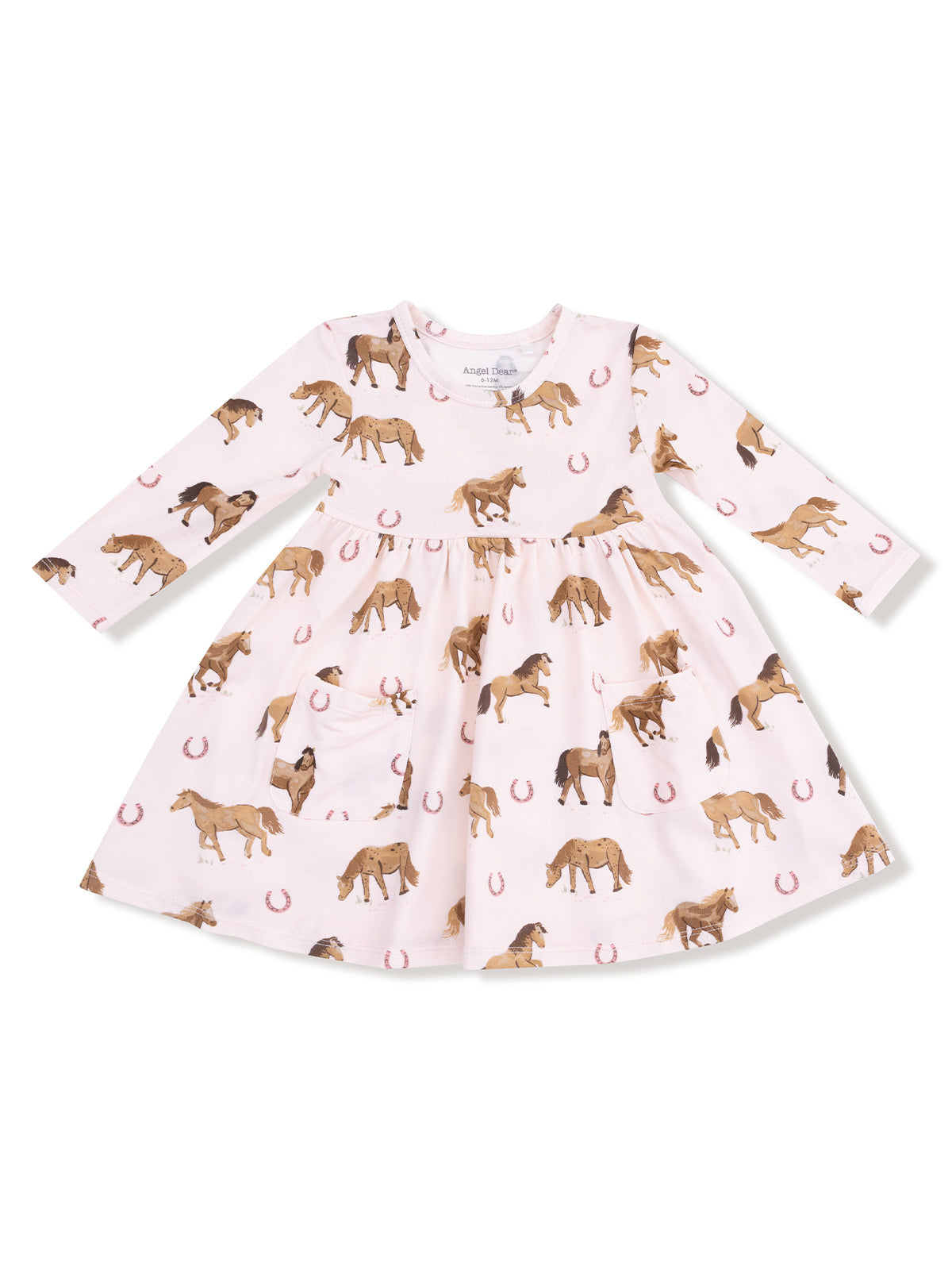 Pink dress featuring various horse illustrations and horseshoe patterns, perfect for young equestrian enthusiasts.