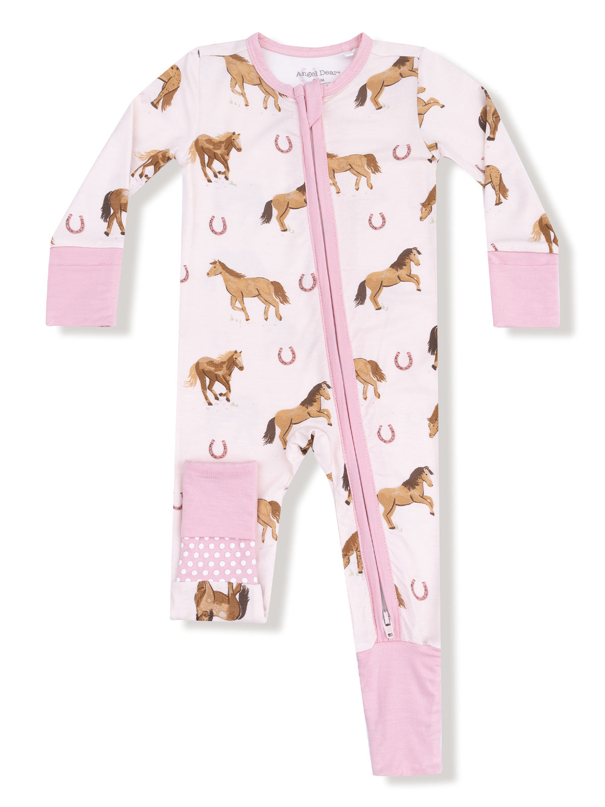 Pajamas featuring a playful horse print on a light pink background with a front zipper and contrasting cuffs.