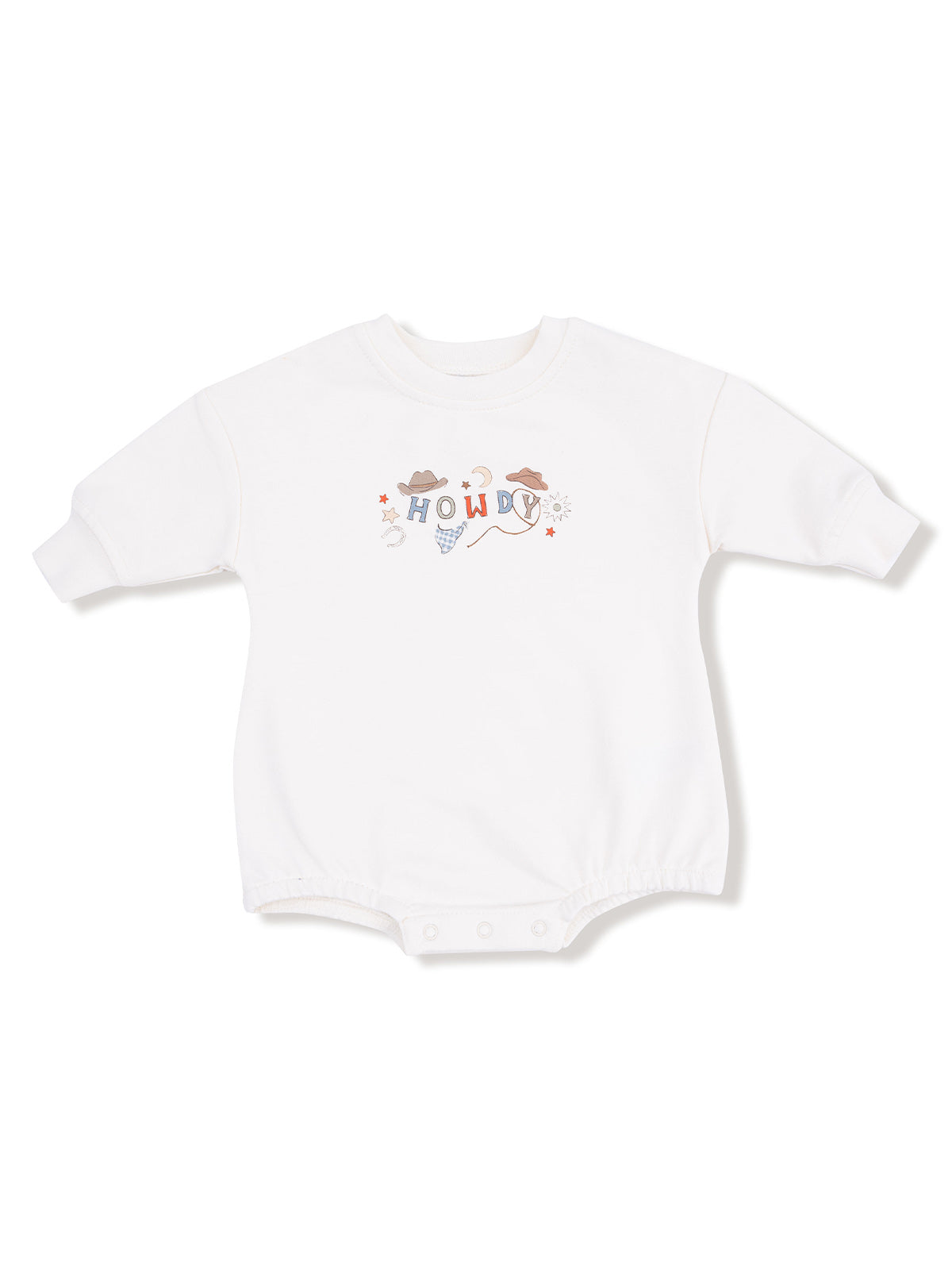White baby onesie featuring the text "Howdy" with playful graphics. Ideal for casual wear.