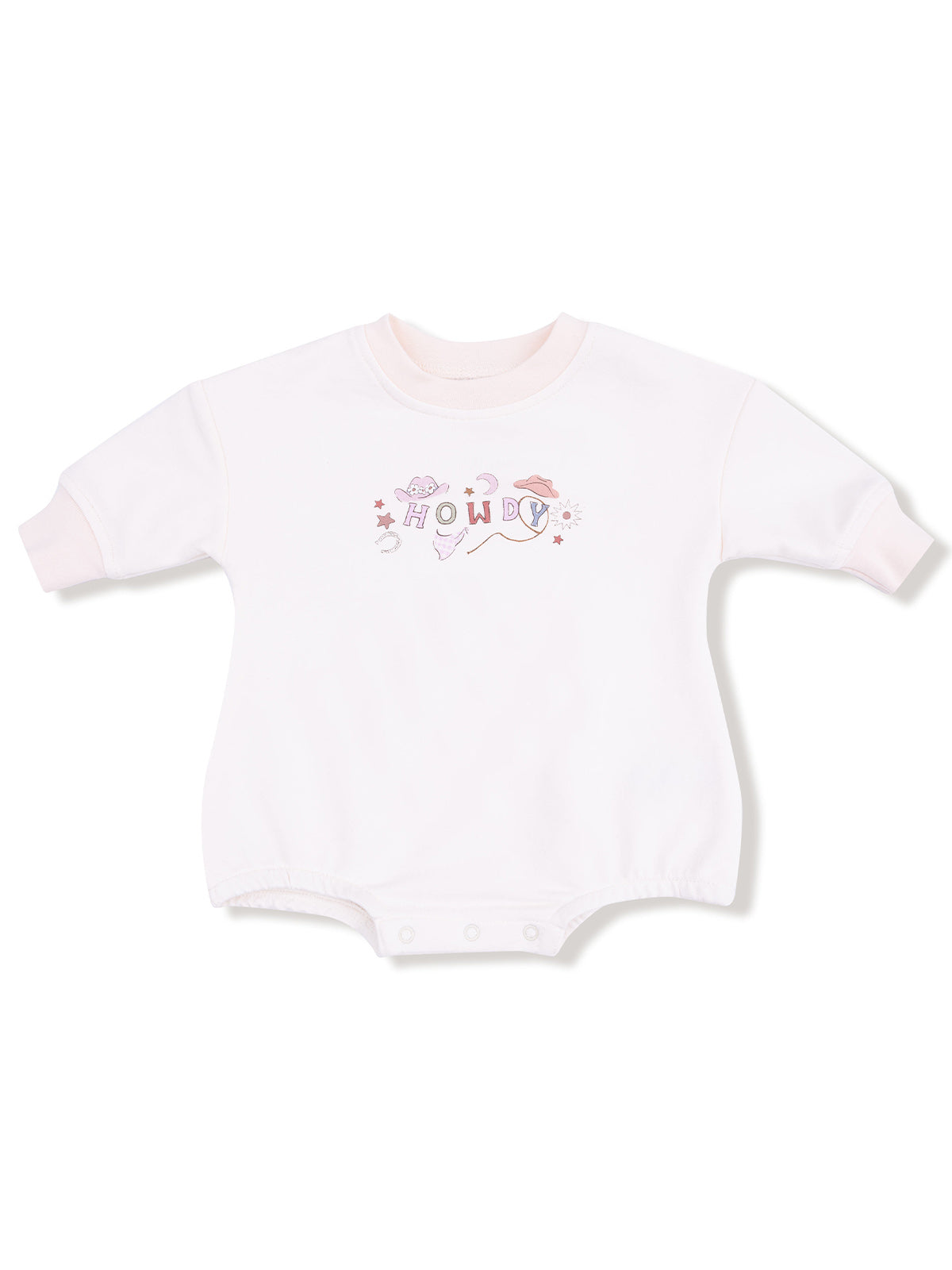 White baby onesie with "Howdy" graphic and pastel design elements. Casual and cute infant fashion.