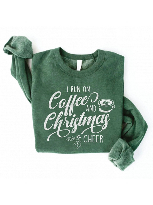 I Run on Coffee & Christmas Cheer Women's Graphic Fleece Sweatshirt, Heather Forest