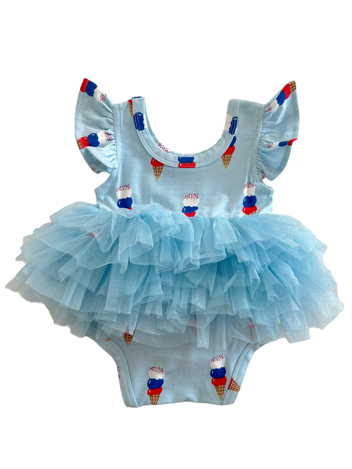 Light blue baby romper with ice cream print and a layered tulle ruffle skirt. Perfect for summer outfits.