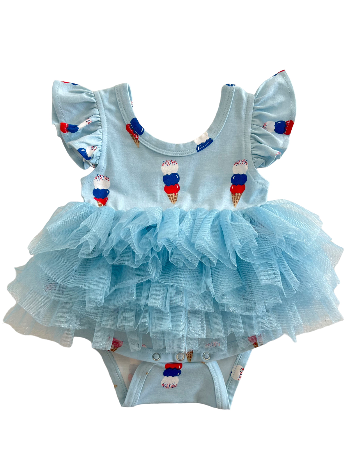 Light blue baby dress with ice cream prints and a layered tulle skirt, featuring ruffled sleeves.