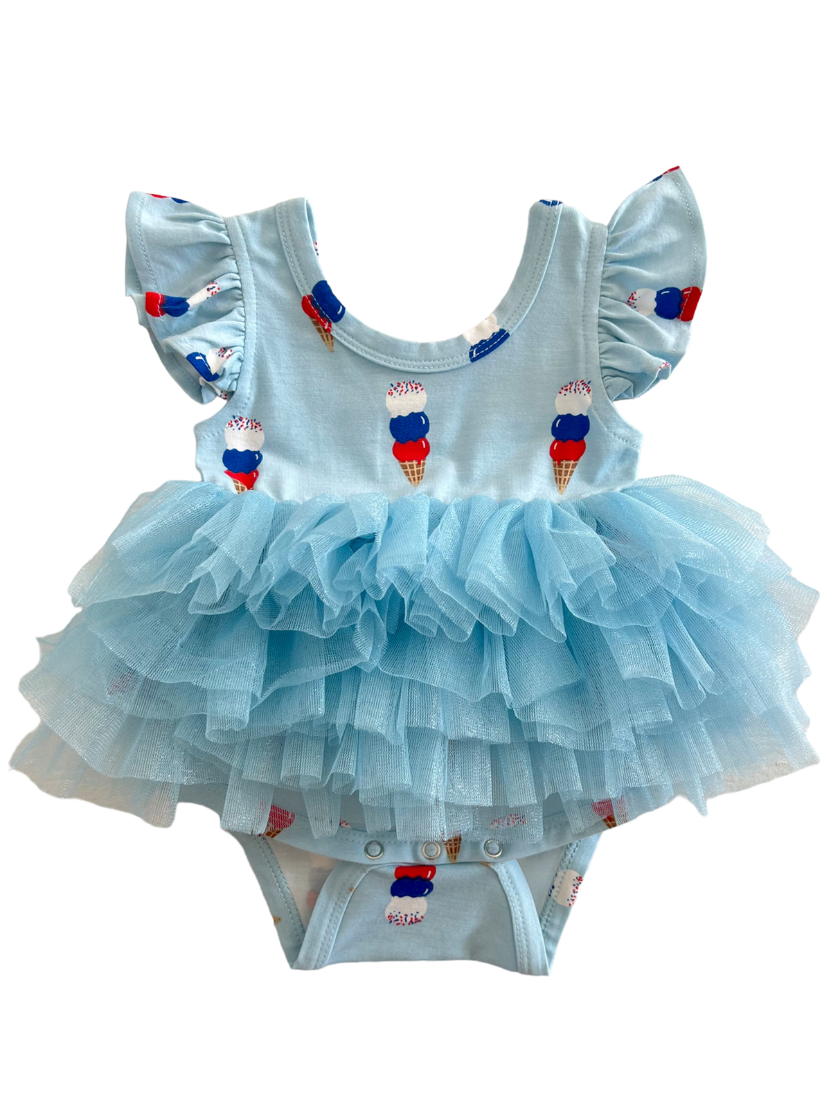 Light blue baby dress with ice cream prints and a layered tulle skirt, featuring ruffled sleeves.