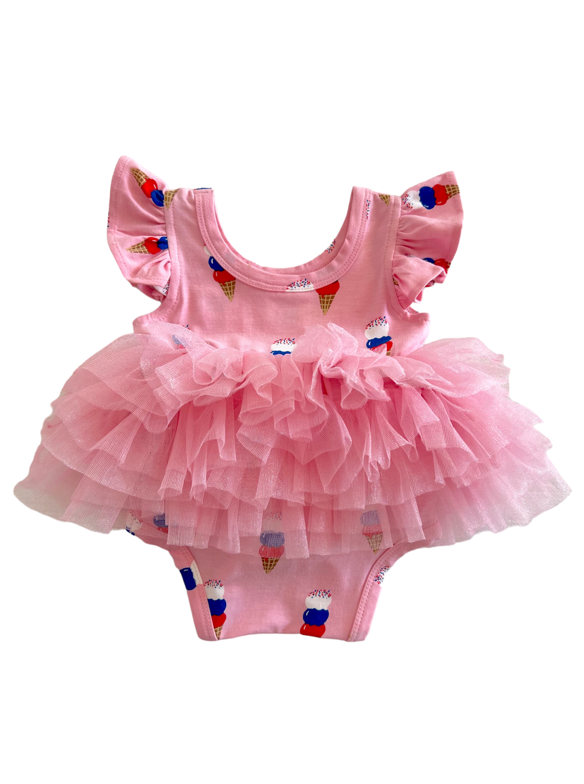 Pink toddler swimsuit with ice cream print and fluffy tulle ruffles. Perfect for summer fun and beach outings.