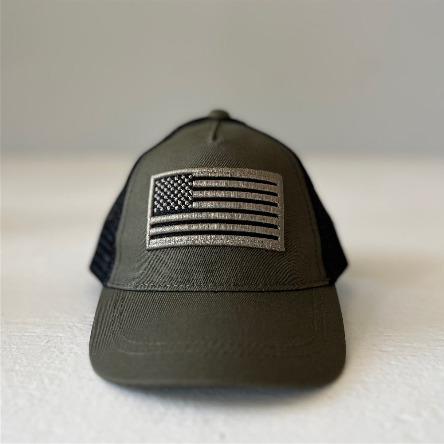 American Flag Kids Trucker Hat, Olive