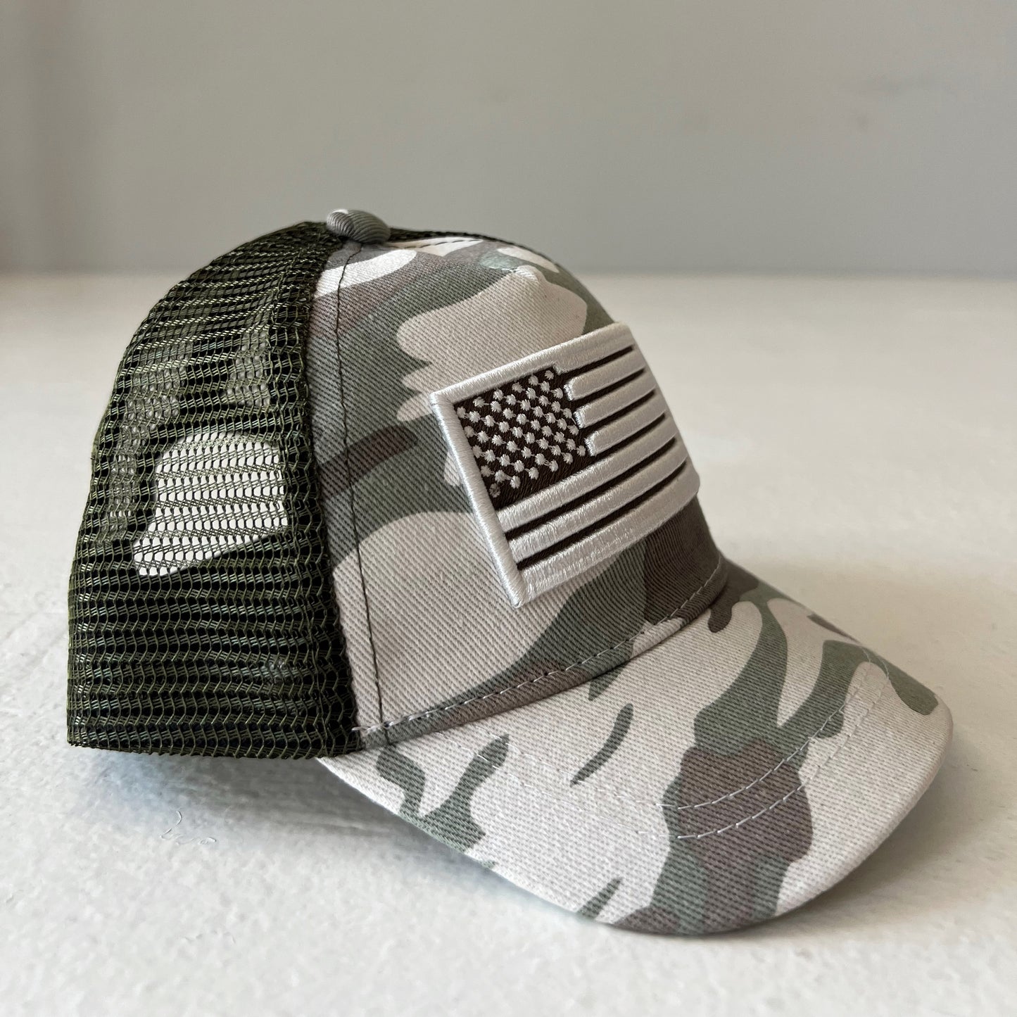 American Flag Kids Trucker Hat, Battleship Green Camo