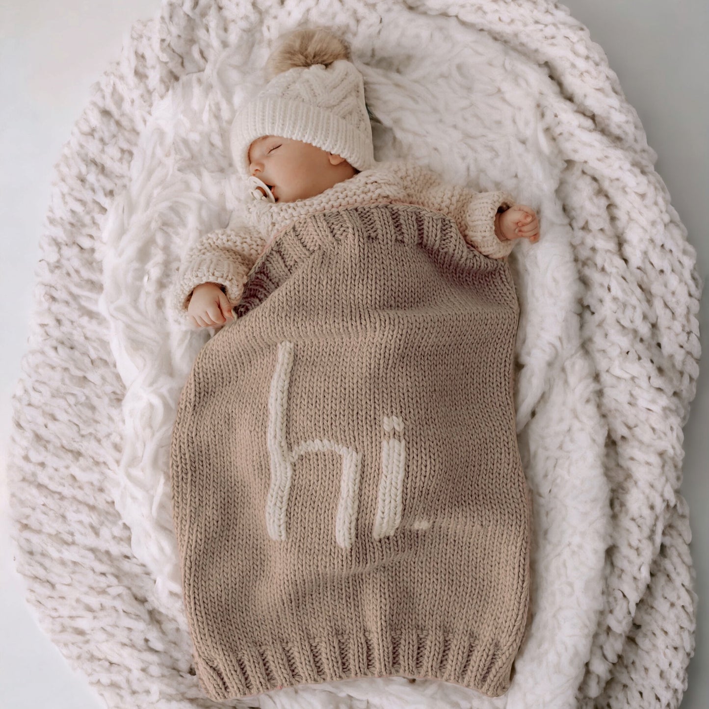 Hi. Hand Knit Blanket, Pebble