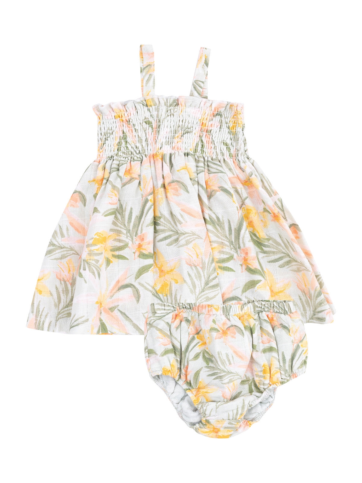 Floral toddler dress with matching bloomers in light colors and green leaves. Perfect for summer outings.