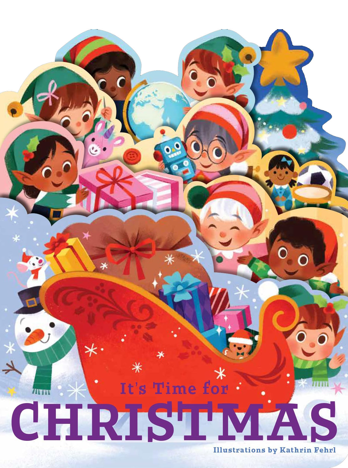 Colorful holiday illustration featuring children, elves, gifts, and a sleigh, celebrating Christmas cheer.