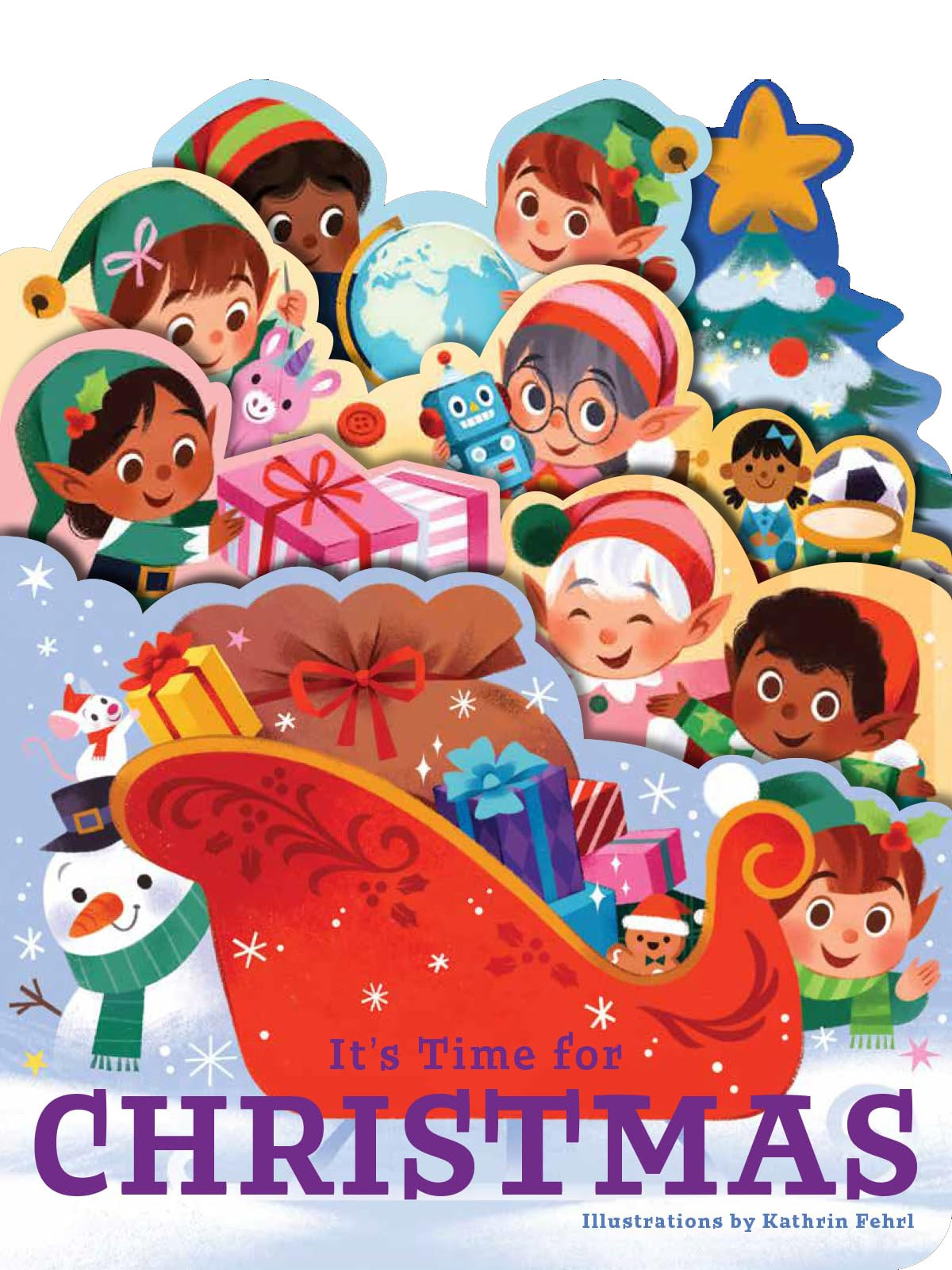 Colorful holiday illustration featuring children, elves, gifts, and a sleigh, celebrating Christmas cheer.