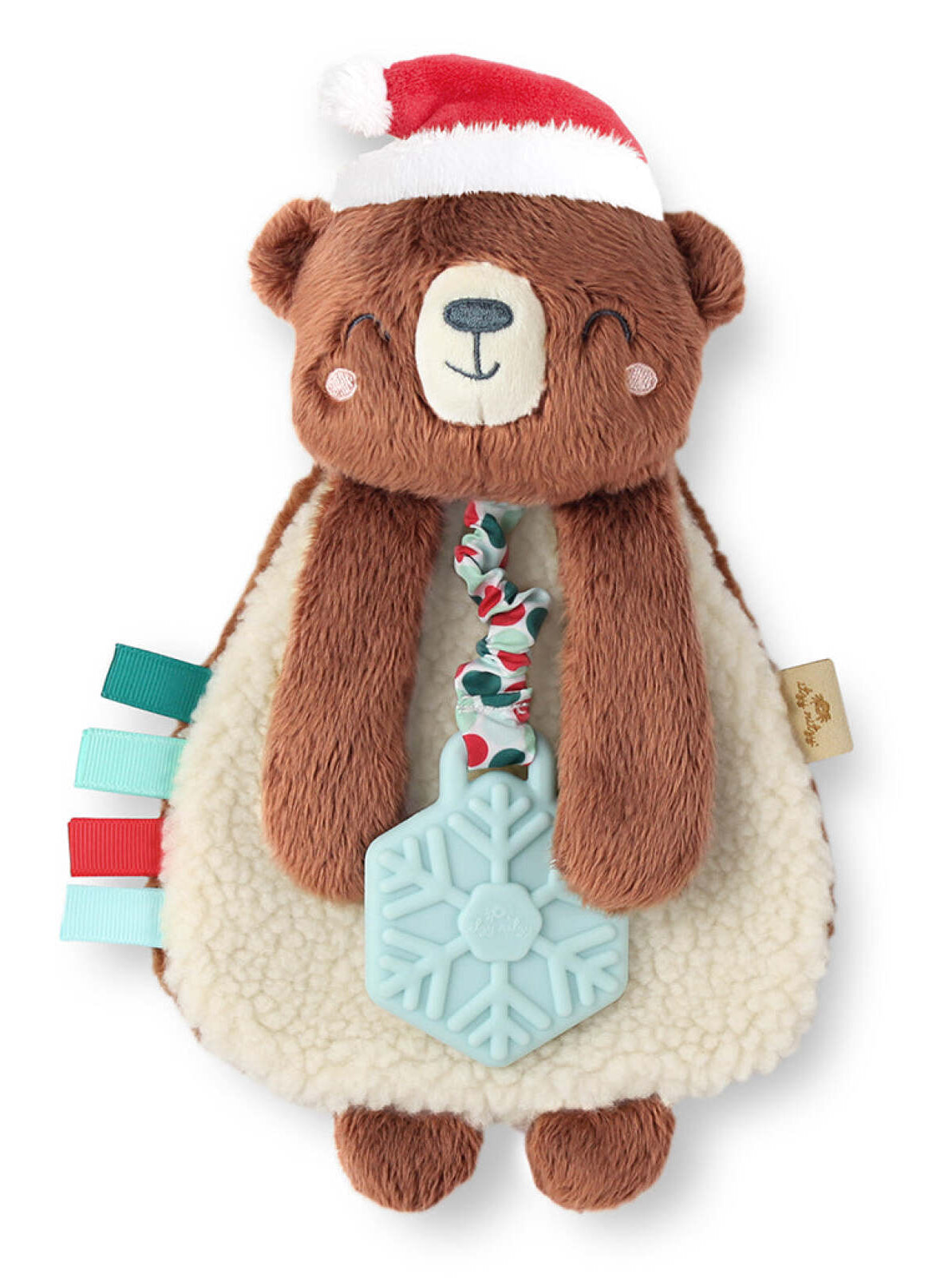 Soft plush bear toy wearing a Santa hat, with colorful tags and a blue snowflake teether attached.