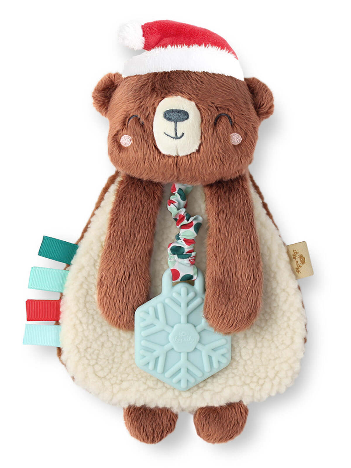 Soft plush bear toy wearing a Santa hat, with colorful tags and a blue snowflake teether attached.