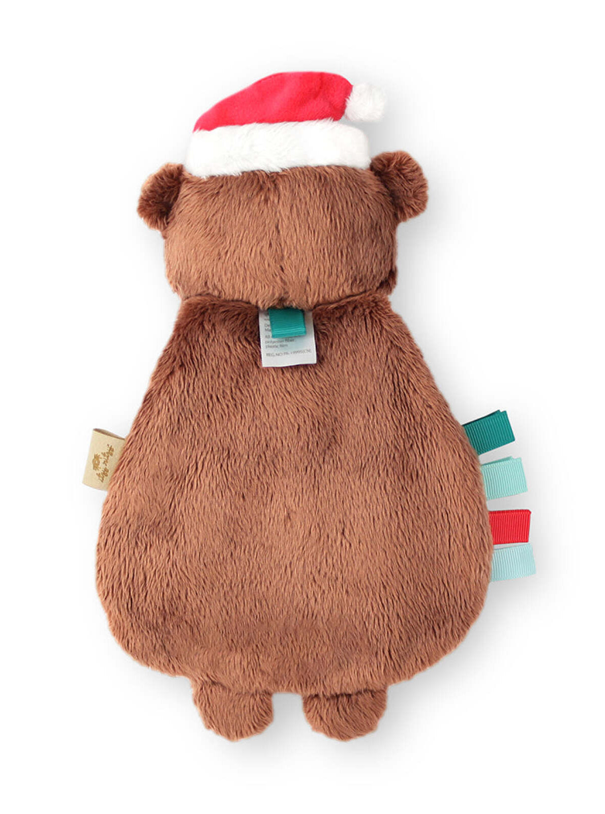 Brown plush bear with red and white Santa hat and colorful ribbon tags, viewed from the back.