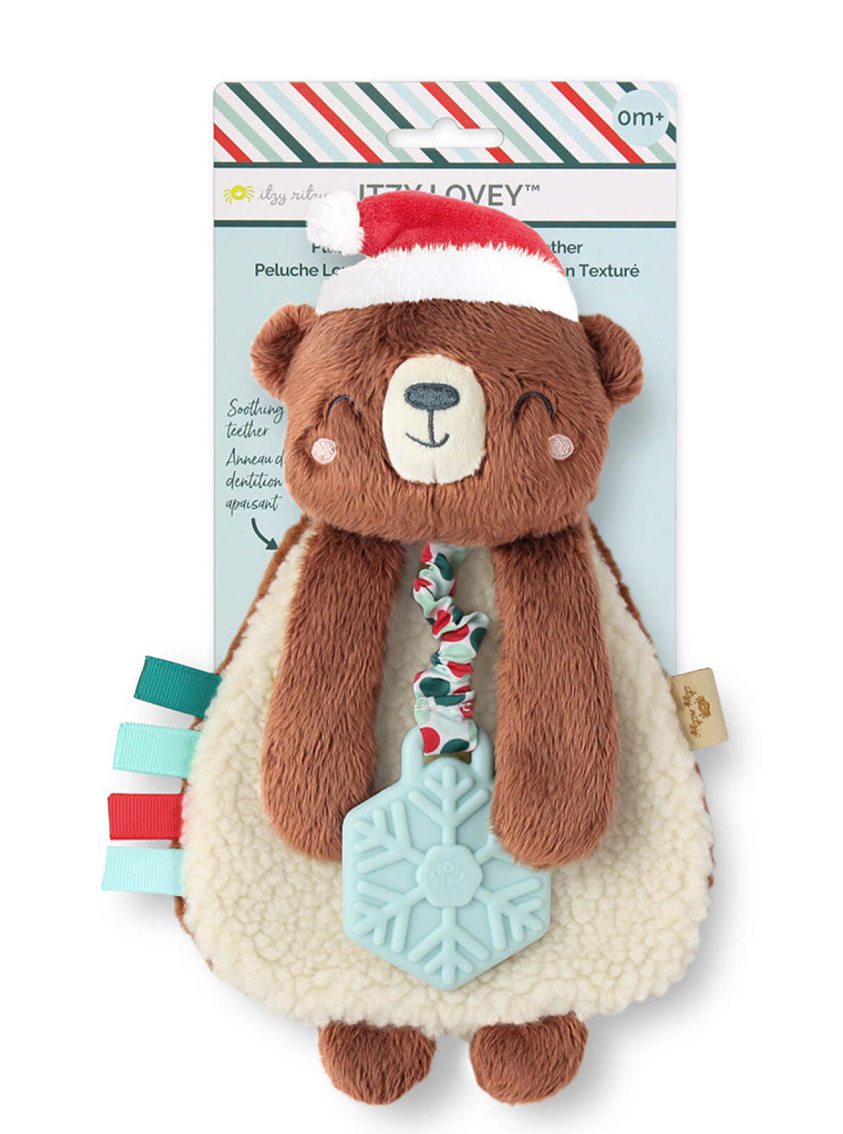 Brown bear plush lovey with a festive hat, textured teether, and colorful tags. Suitable for infants 0 months and up.