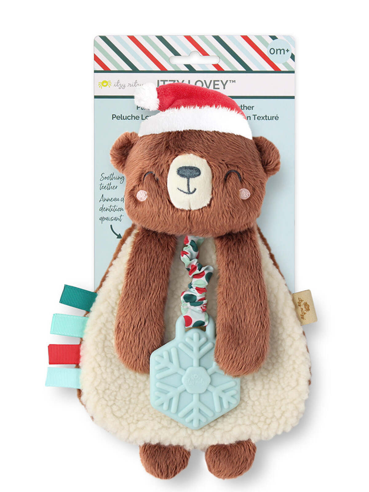 Brown bear plush lovey with a festive hat, textured teether, and colorful tags. Suitable for infants 0 months and up.