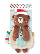 Brown bear plush lovey with a festive hat, textured teether, and colorful tags. Suitable for infants 0 months and up.