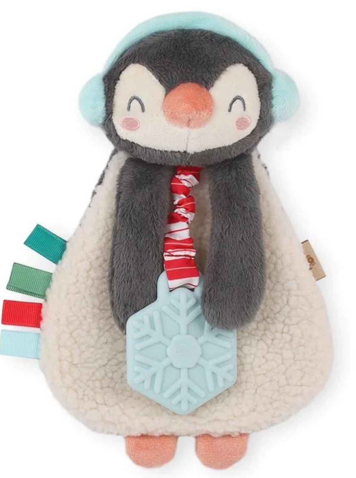 Plush penguin toy with a snowflake teether and colorful tags, wearing a light blue hat and a cheerful expression.