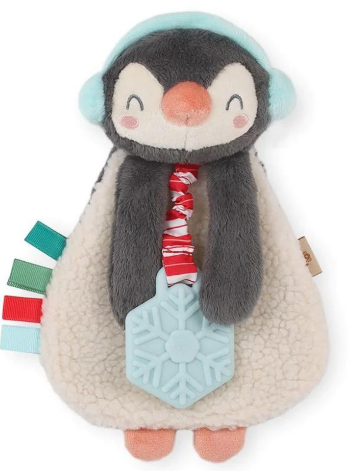 Plush penguin toy with a snowflake teether and colorful tags, wearing a light blue hat and a cheerful expression.