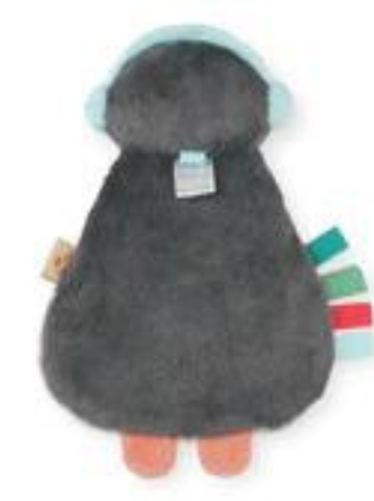 Back view of a plush toy with gray fur, aqua ears, and colorful tail tags.