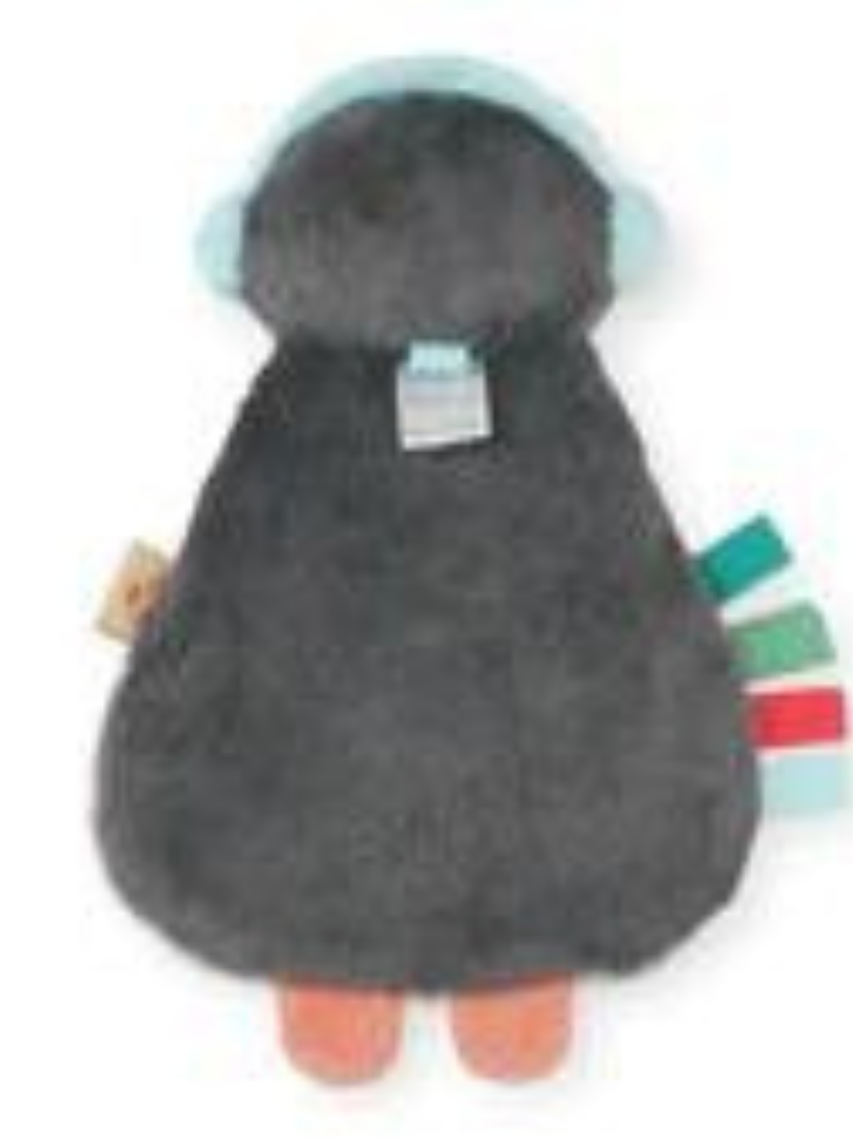Back view of a plush toy with gray fur, aqua ears, and colorful tail tags.