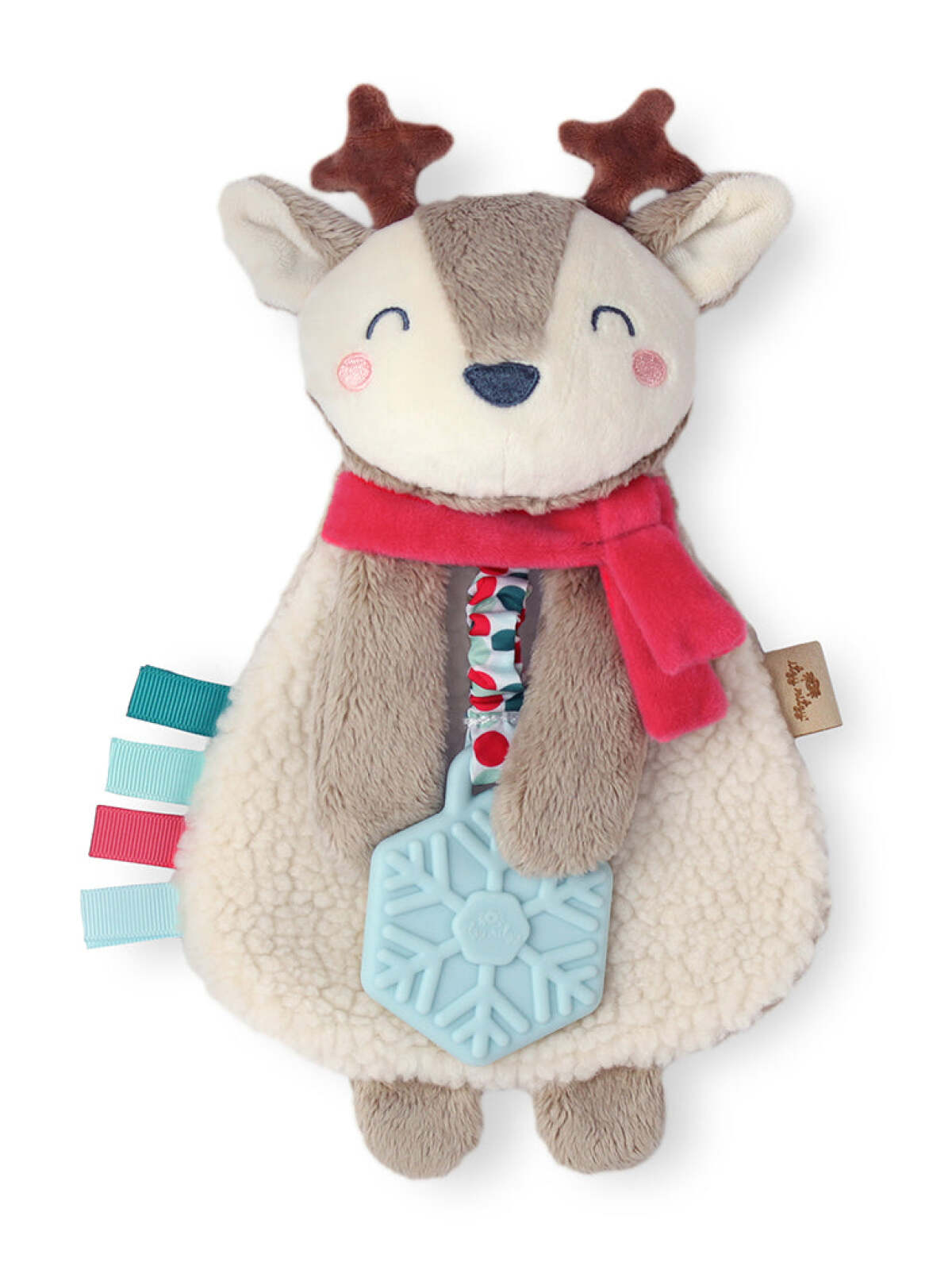 Soft plush reindeer toy with antlers, scarf, and teethable snowflake-shaped attachment for infants.