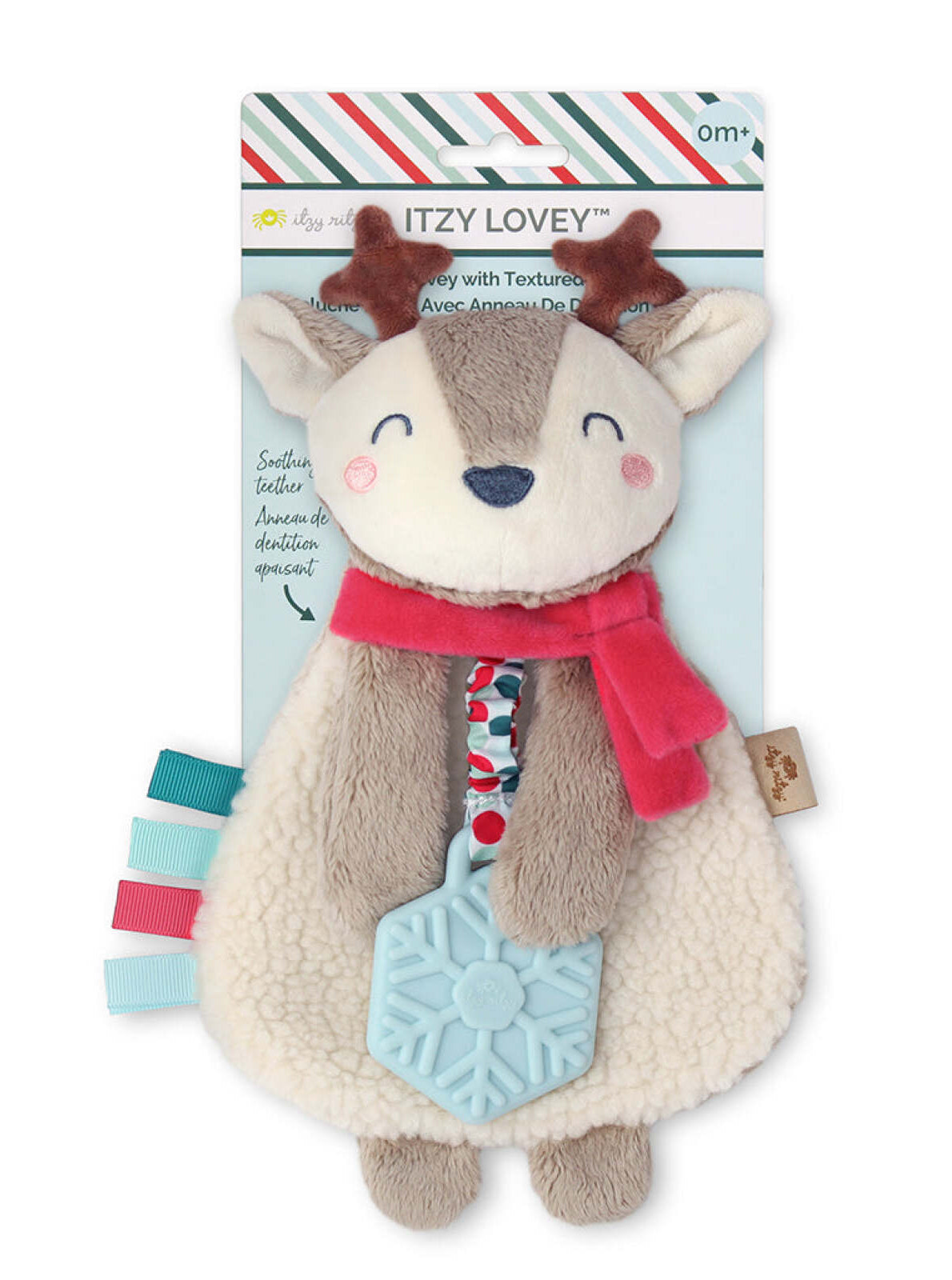 Itzy Lovey, a soft plush with textured teether, featuring a smiling reindeer design and colorful tags. Ideal for infants.
